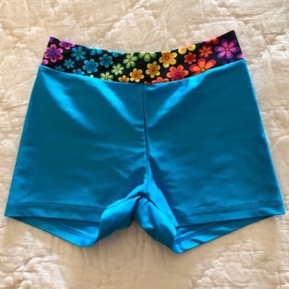 Reflectionz Dance Shorts, Turquoise with Multicolor Floral Band, Size 8 - Picture 1 of 3